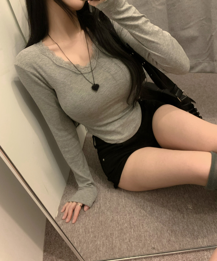 レースVネックリブ長袖Tシャツ GREY