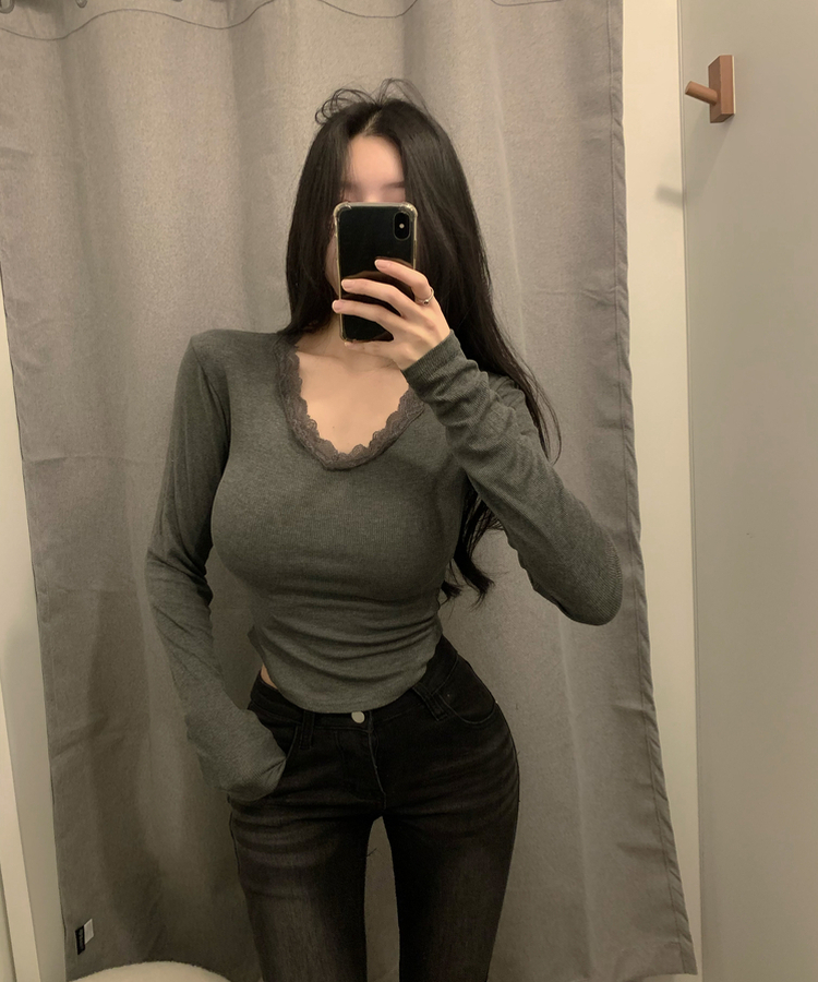 レースVネックリブ長袖Tシャツ CHARCOAL