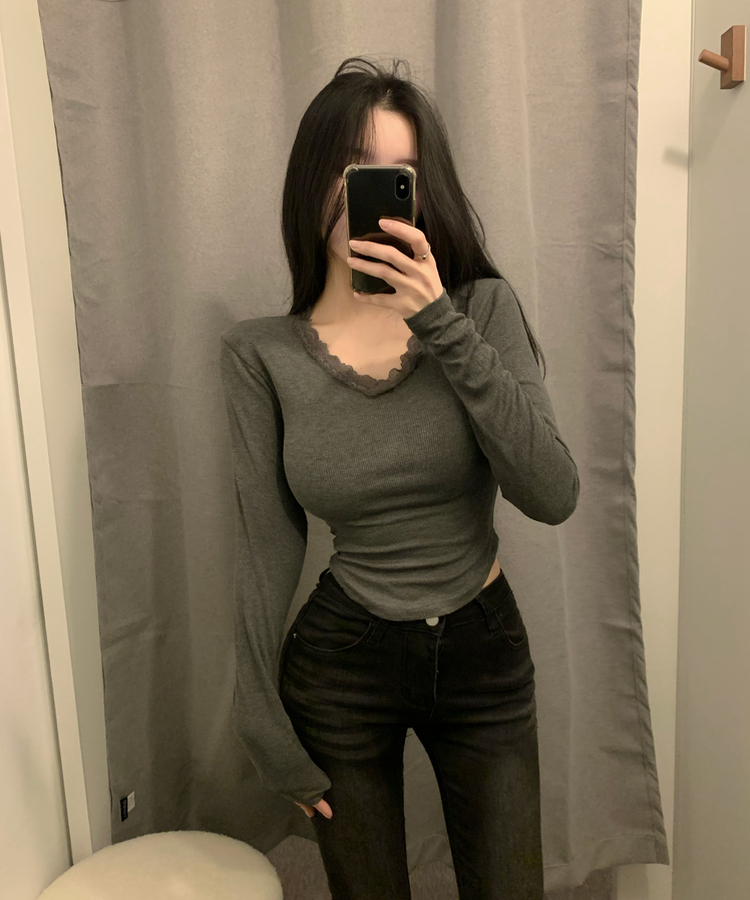 レースVネックリブ長袖Tシャツ CHARCOAL