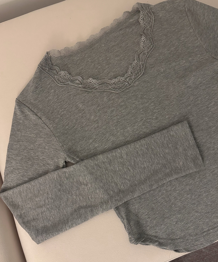 レースVネックリブ長袖Tシャツ