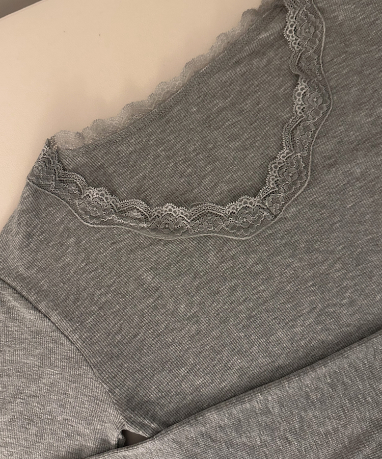 レースVネックリブ長袖Tシャツ