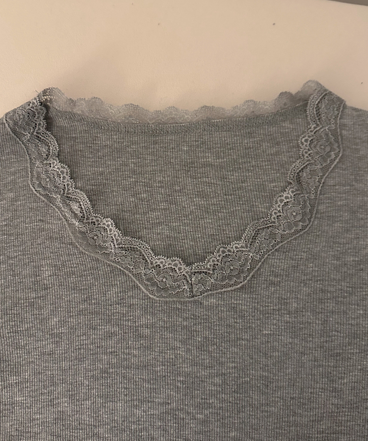レースVネックリブ長袖Tシャツ