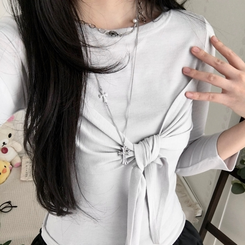 スリムリボン7分袖Tシャツ GREY