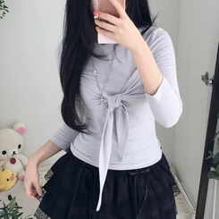 スリムリボン7分袖Tシャツ GREY