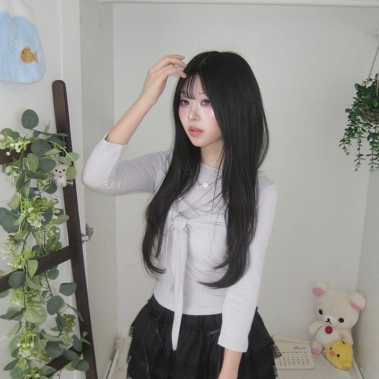 슬림 부들 리본 타이 7부 반팔 긴팔 티셔츠 봄 개강 가 그레이