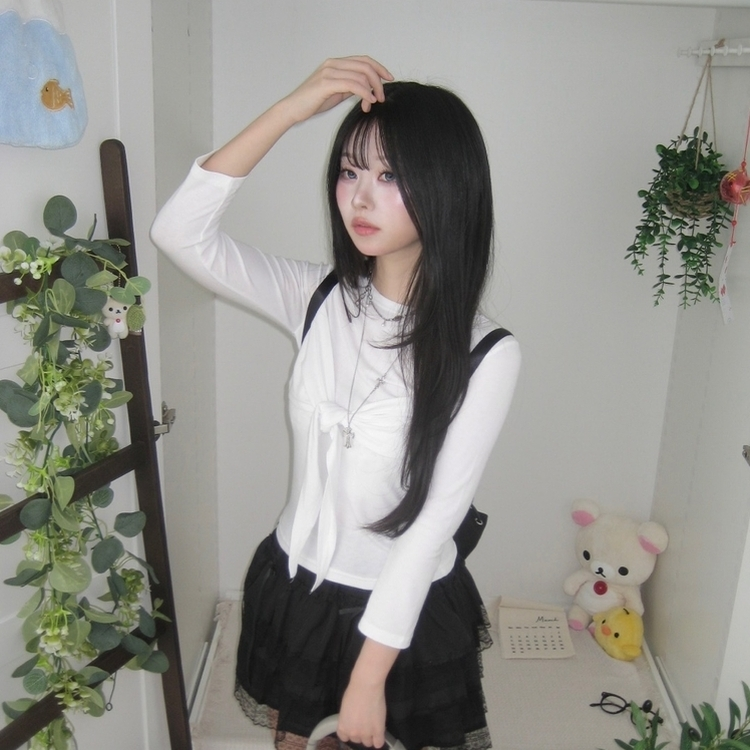 슬림 부들 리본 타이 7부 반팔 긴팔 티셔츠 봄 개강 가 아이보리