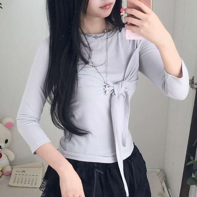 スリムリボン7分袖Tシャツ GREY