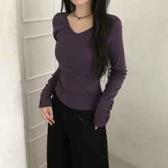 Vネックスリムフィット長袖Tシャツ(7color) PURPLE