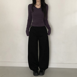 Vネックスリムフィット長袖Tシャツ(7color) PURPLE