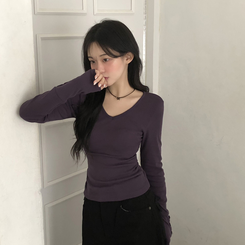 Vネックスリムフィット長袖Tシャツ(7color) PURPLE