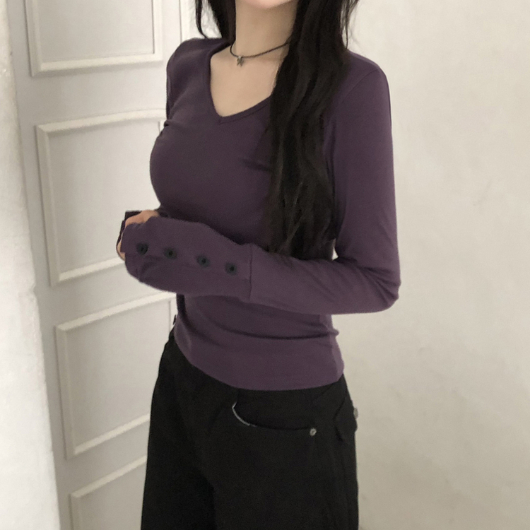 Vネックスリムフィット長袖Tシャツ(7color) PURPLE