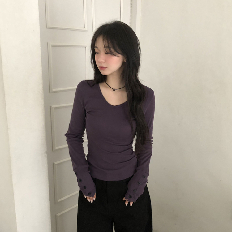 Vネックスリムフィット長袖Tシャツ(7color) PURPLE