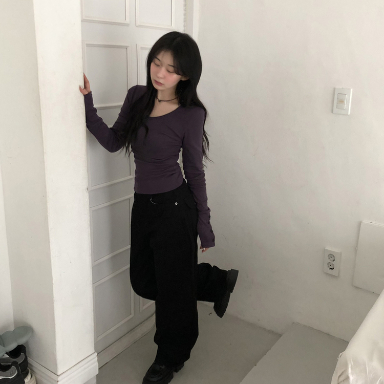 Vネックスリムフィット長袖Tシャツ(7color) PURPLE