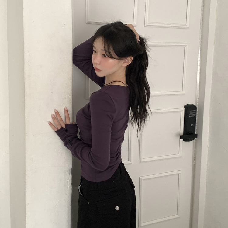 Vネックスリムフィット長袖Tシャツ(7color) PURPLE