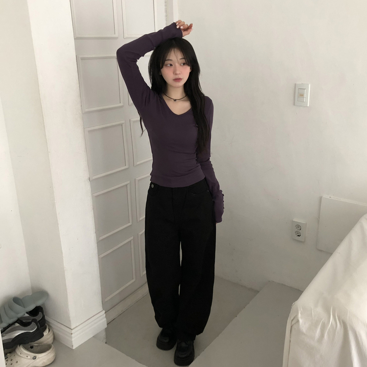 Vネックスリムフィット長袖Tシャツ(7color) PURPLE