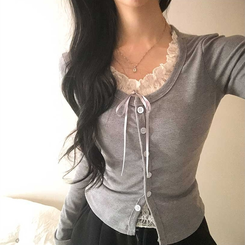 レースリボンレイヤードTシャツ(5color) GREY