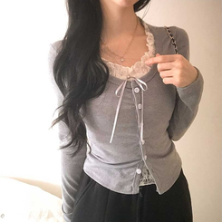 レースリボンレイヤードTシャツ(5color) GREY