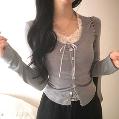 レースリボンレイヤードTシャツ(5color) GREY