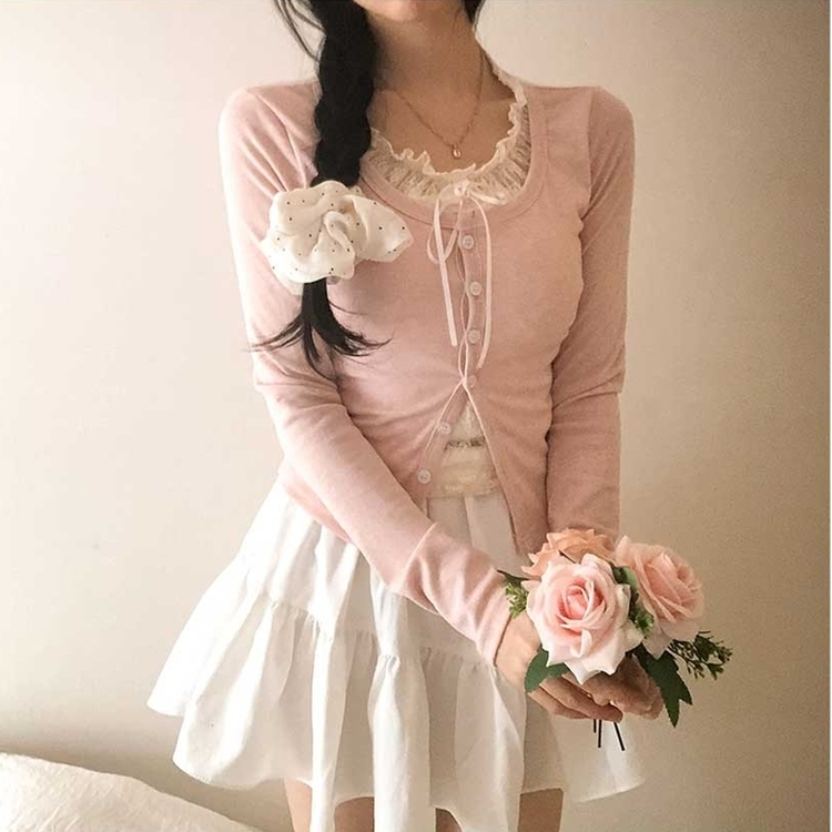 レースリボンレイヤードTシャツ(5color) PINK