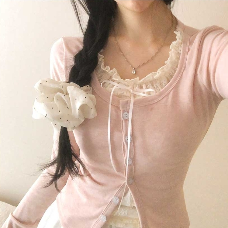 レースリボンレイヤードTシャツ(5color) PINK