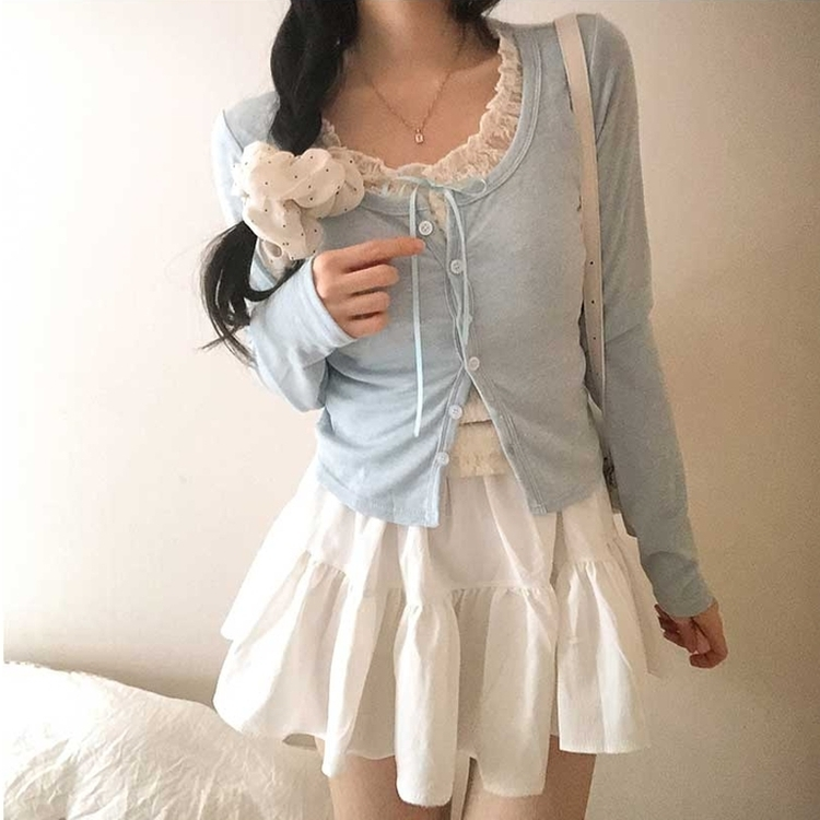 レースリボンレイヤードTシャツ(5color) SKY BLUE