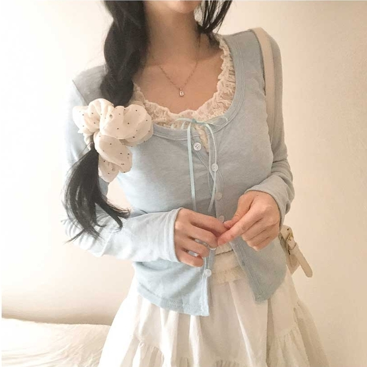 レースリボンレイヤードTシャツ(5color) SKY BLUE