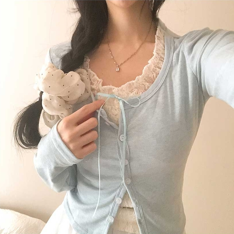 レースリボンレイヤードTシャツ(5color) SKY BLUE