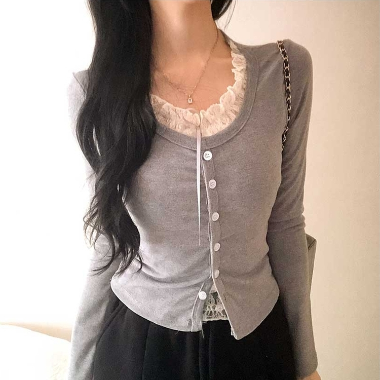 レースリボンレイヤードTシャツ(5color) GREY