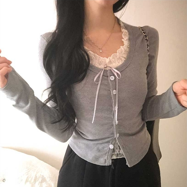 レースリボンレイヤードTシャツ(5color) GREY