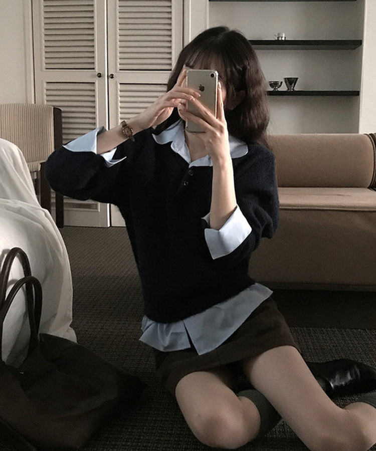 レイヤードカラーニット NAVY