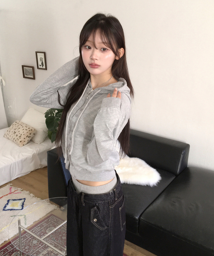 ボタンポイントフードジップアップ GREY