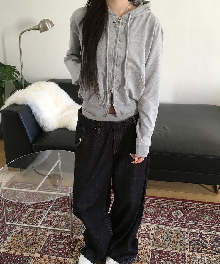 ボタンポイントフードジップアップ GREY