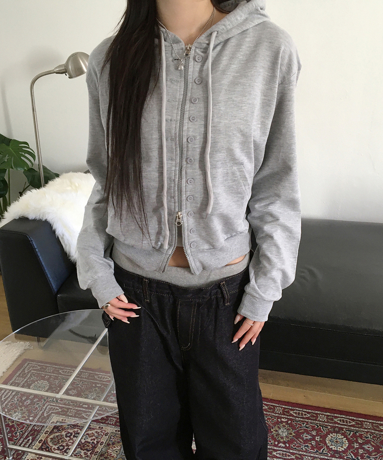 ボタンポイントフードジップアップ GREY