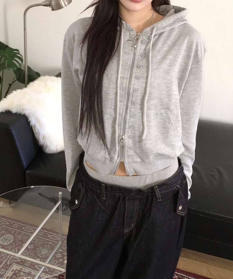 ボタンポイントフードジップアップ GREY