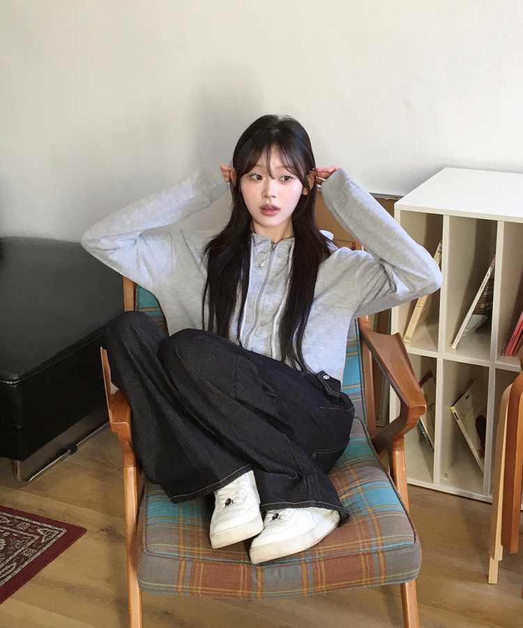 ボタンポイントフードジップアップ GREY