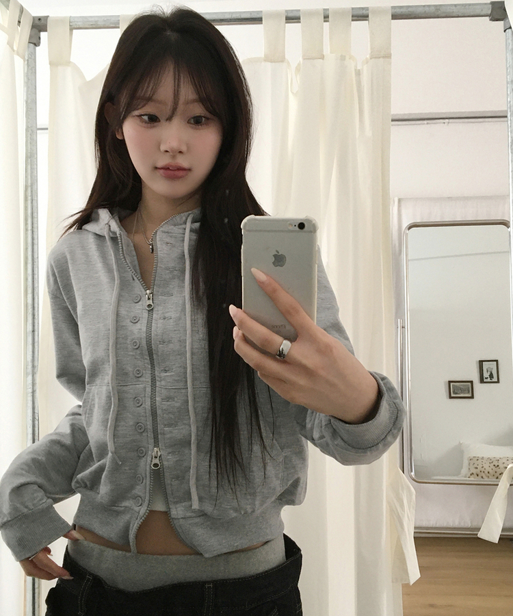 ボタンポイントフードジップアップ GREY