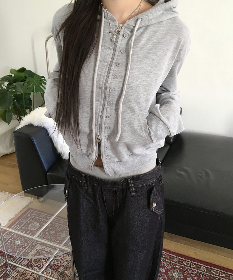 ボタンポイントフードジップアップ GREY