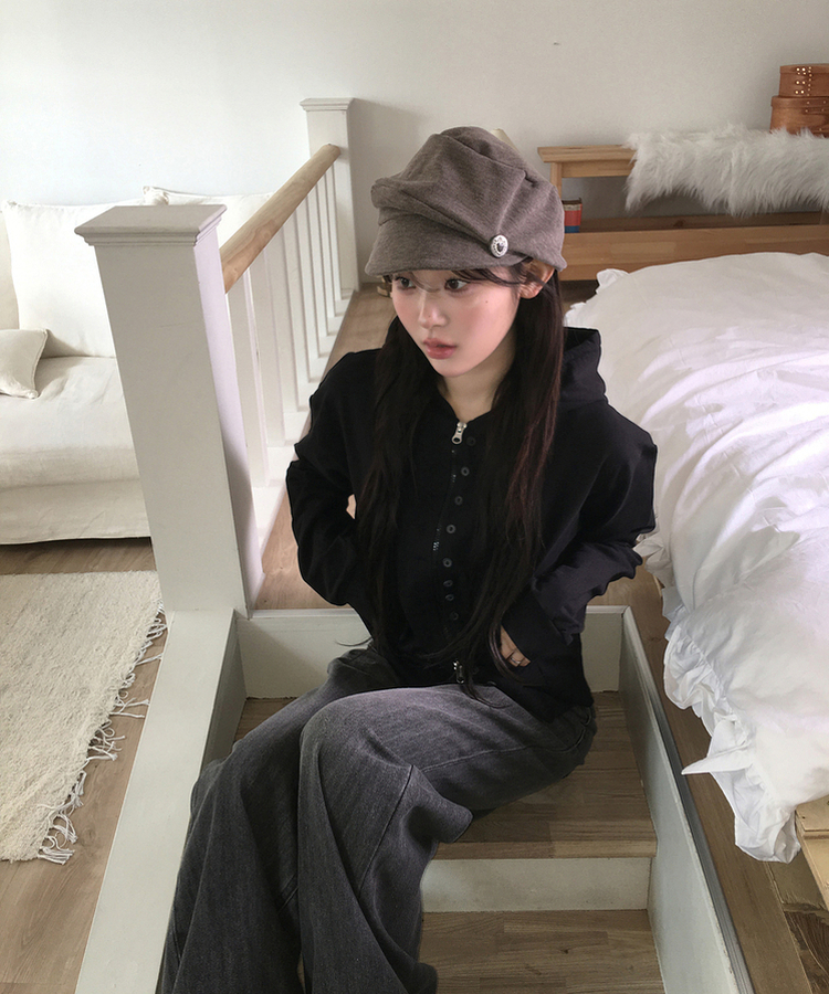 ボタンポイントフードジップアップ BLACK