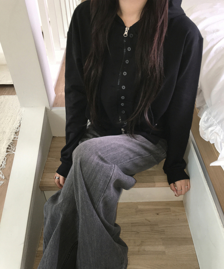 ボタンポイントフードジップアップ BLACK