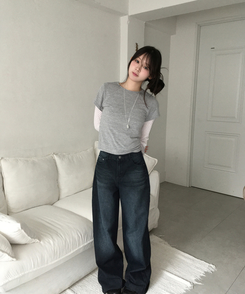 【SET】ドットシースルートップス＋レイヤード半袖Tシャツ GREY