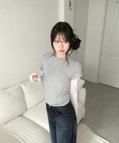 【SET】ドットシースルートップス＋レイヤード半袖Tシャツ GREY