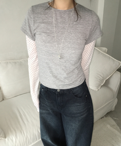 【SET】ドットシースルートップス＋レイヤード半袖Tシャツ GREY
