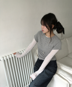 【SET】ドットシースルートップス＋レイヤード半袖Tシャツ GREY
