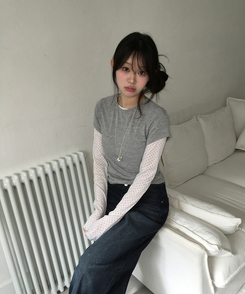 【SET】ドットシースルートップス＋レイヤード半袖Tシャツ GREY