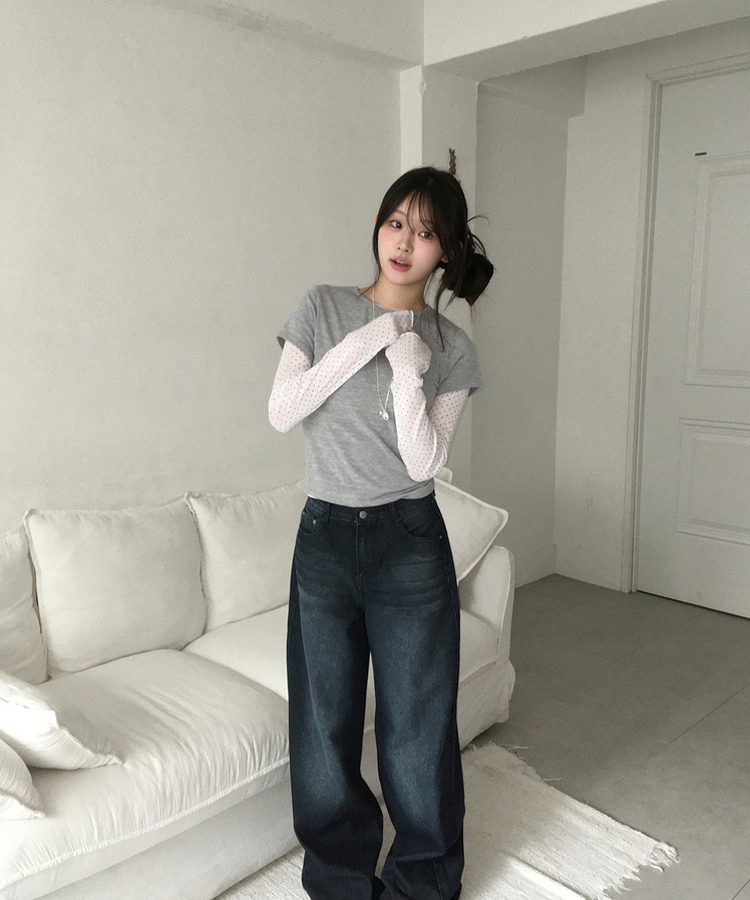【SET】ドットシースルートップス＋レイヤード半袖Tシャツ GREY
