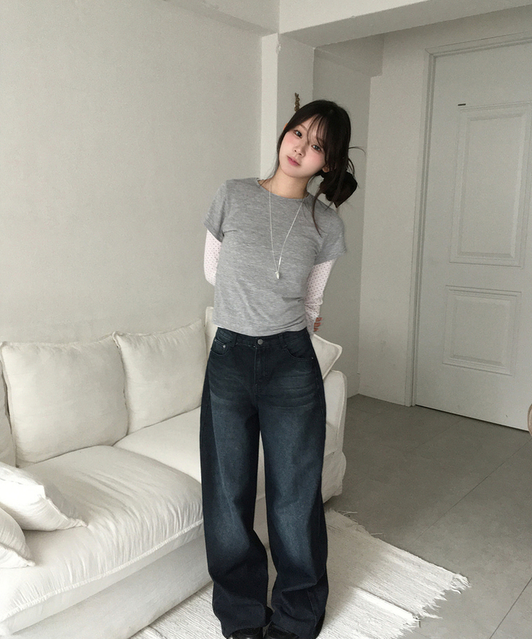 【SET】ドットシースルートップス＋レイヤード半袖Tシャツ GREY