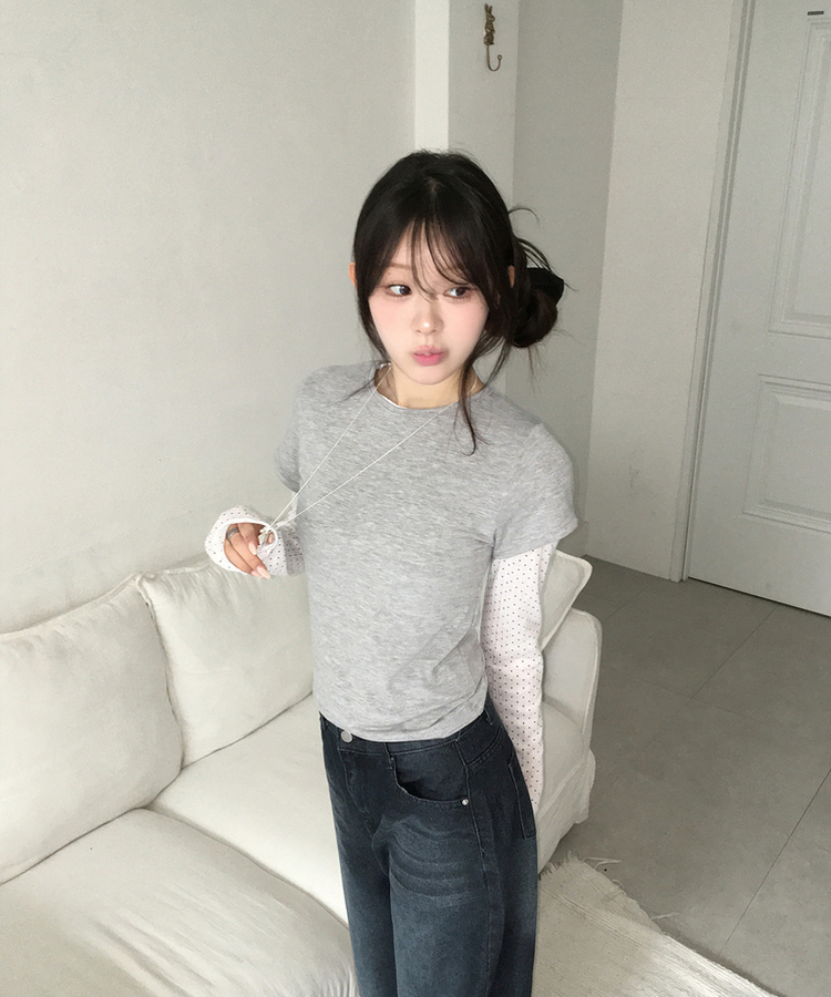 【SET】ドットシースルートップス＋レイヤード半袖Tシャツ GREY
