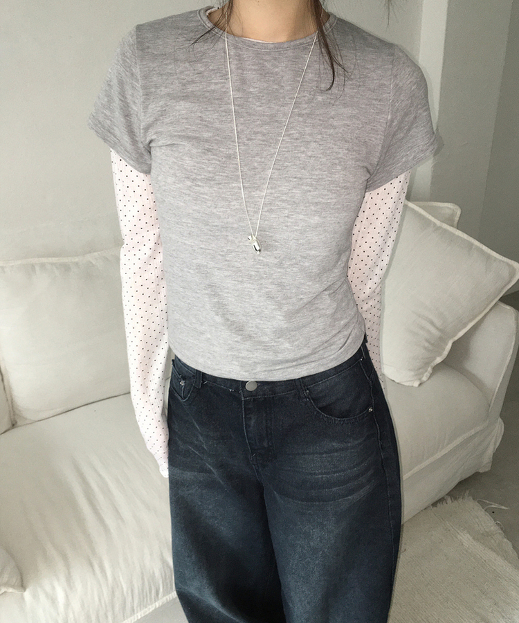 【SET】ドットシースルートップス＋レイヤード半袖Tシャツ GREY