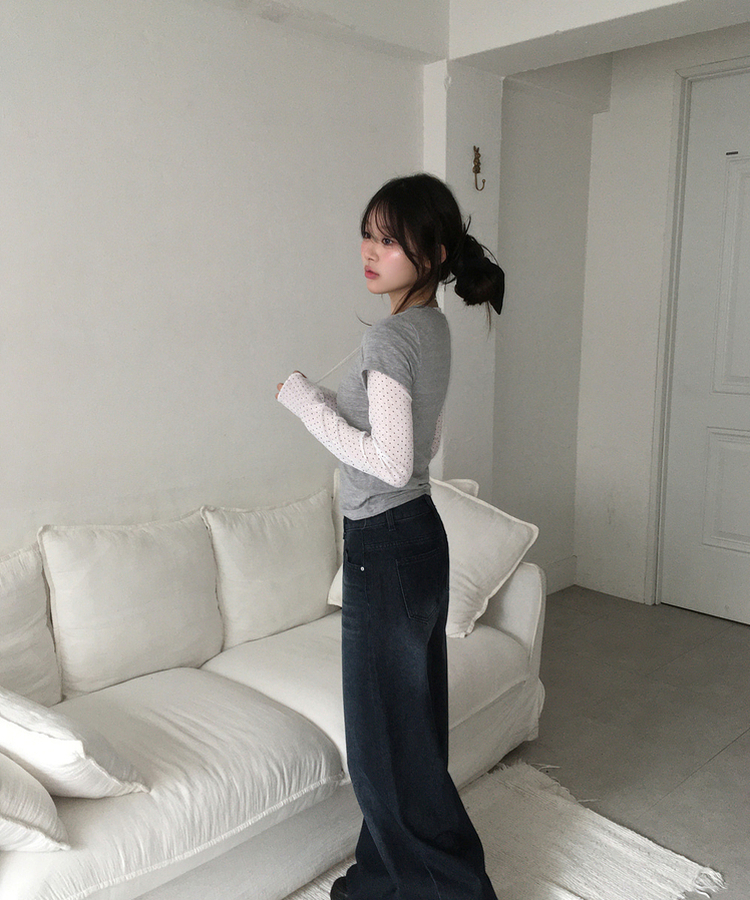 【SET】ドットシースルートップス＋レイヤード半袖Tシャツ GREY