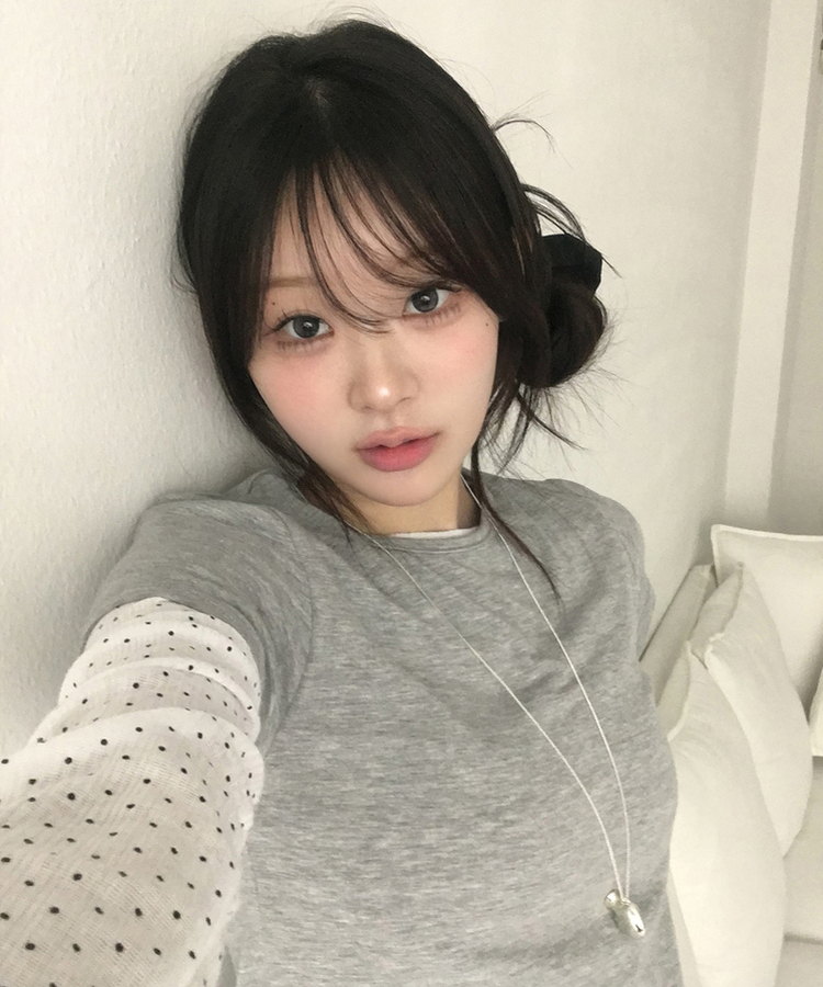 【SET】ドットシースルートップス＋レイヤード半袖Tシャツ GREY